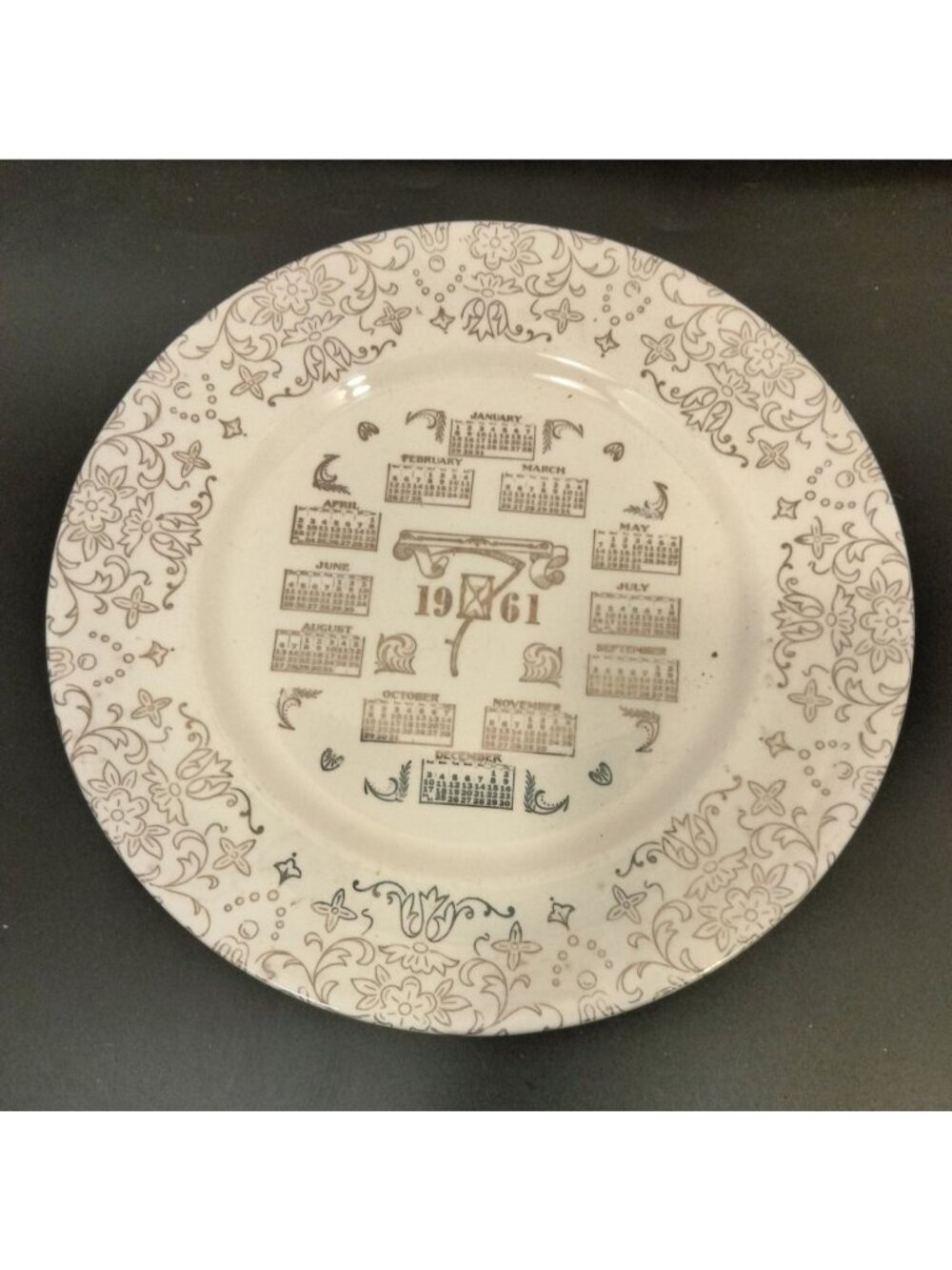 1961 Calendar Plate Cream Gold Metallic Floral Pattern Vintage 10 in